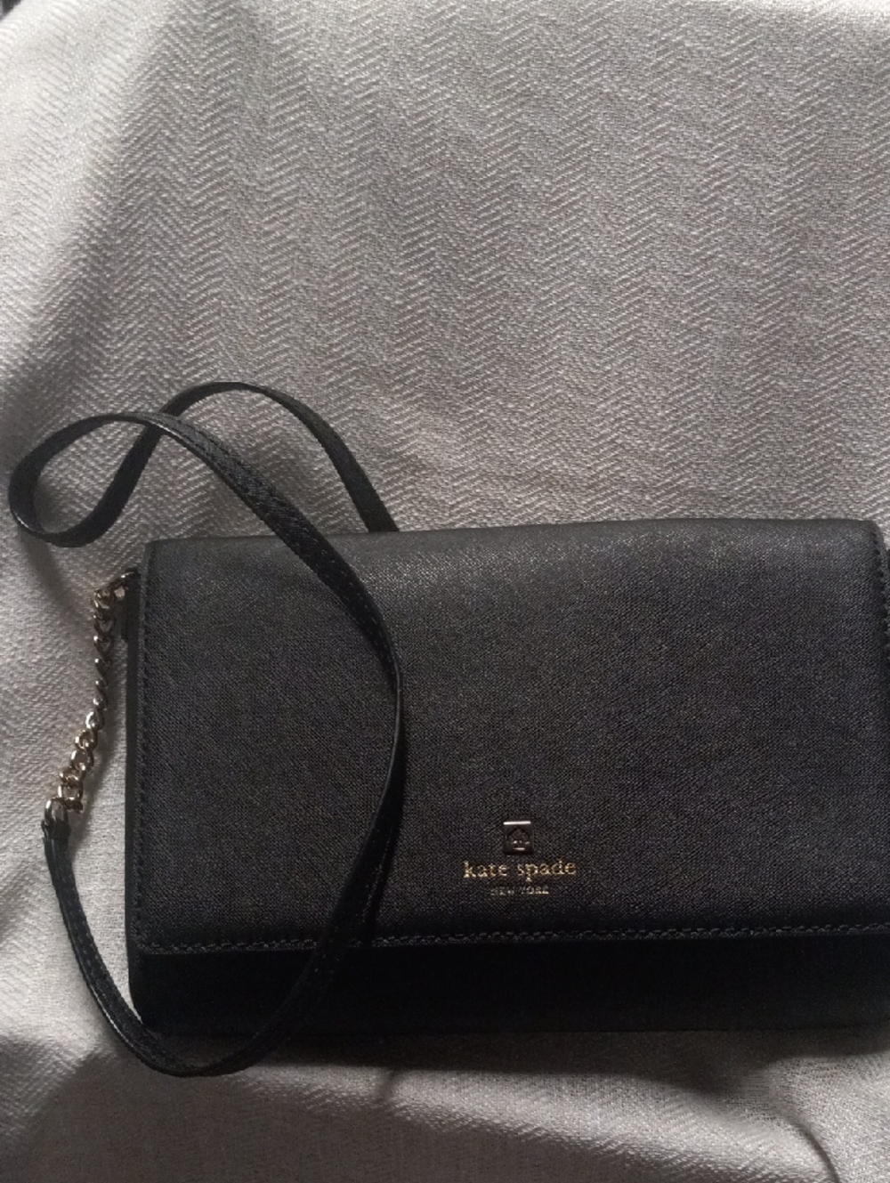 kate spade Black Saffiano Crossbody Wallet with Gold Logo